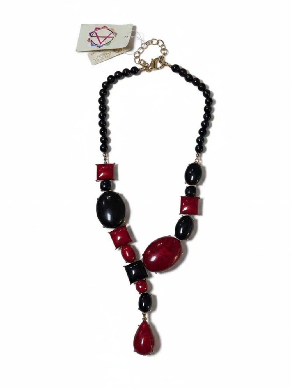 Amrita Singh Gold Plated Red, Black Resin Y Necklace NWT